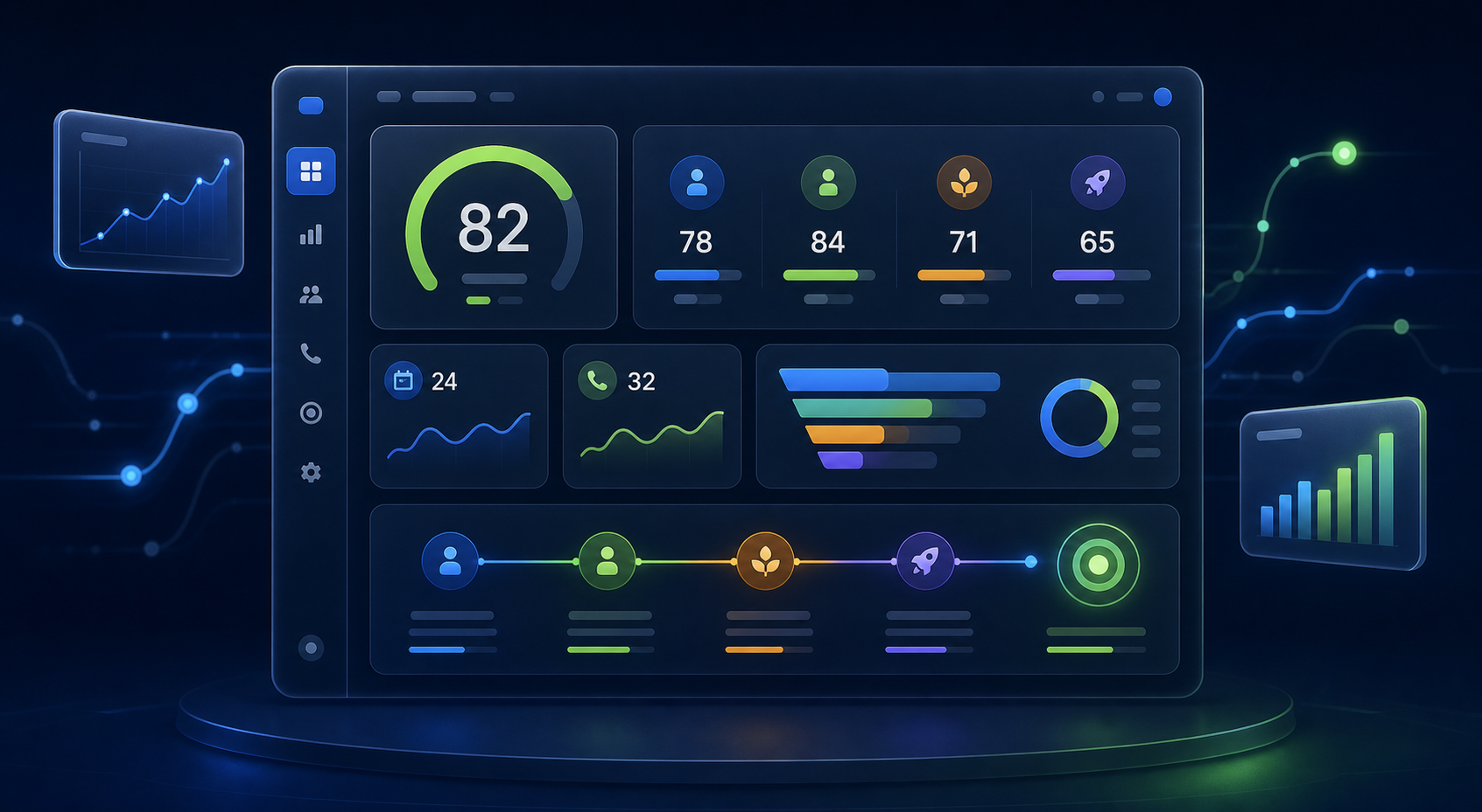 Kbot-Insight performance dashboard showing a sales score, activity metrics, pipeline progress, calls, meetings, and customer conversion signals.